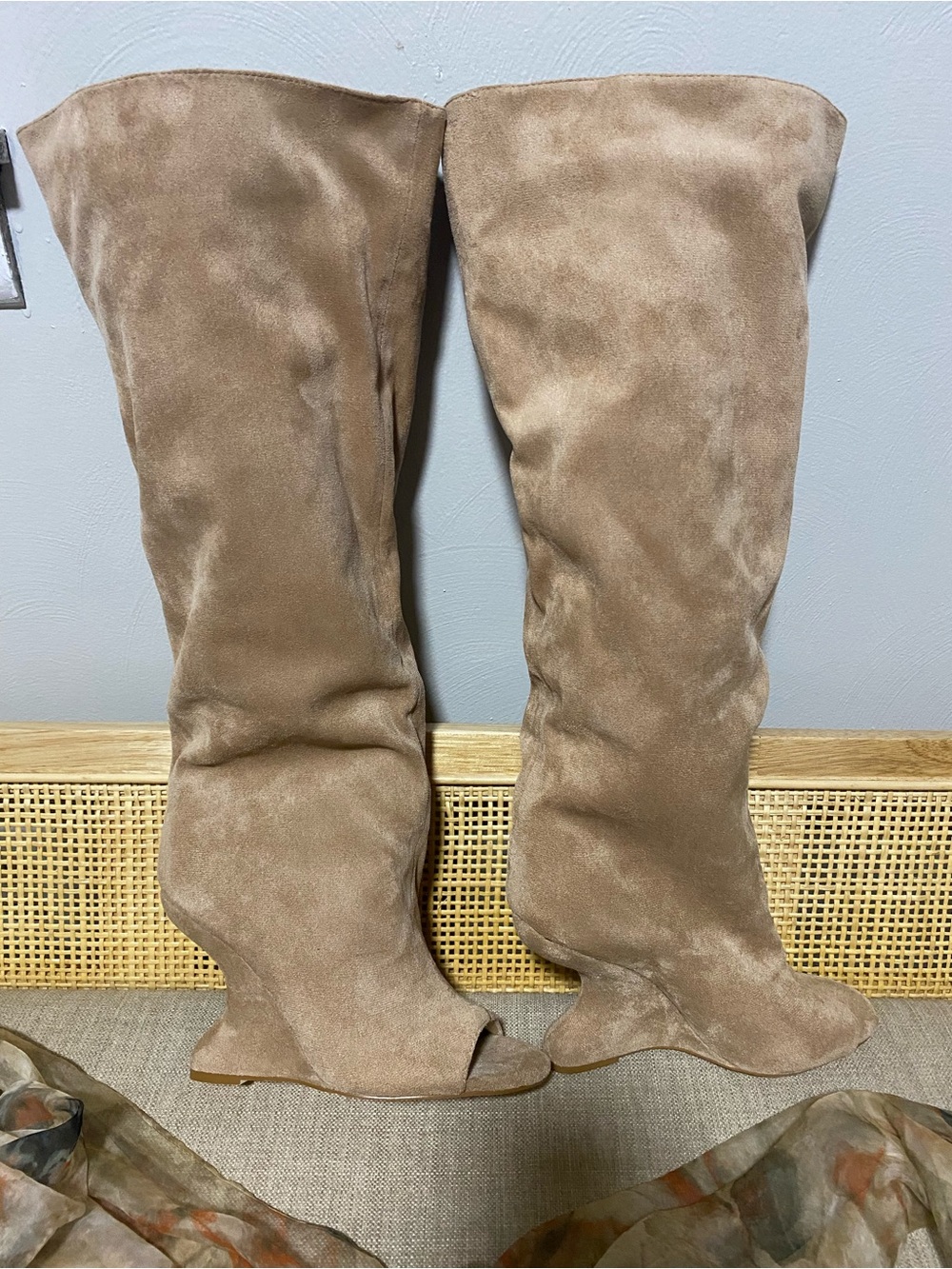Womens Tall Peep-Toe Suede Boots in Taupe